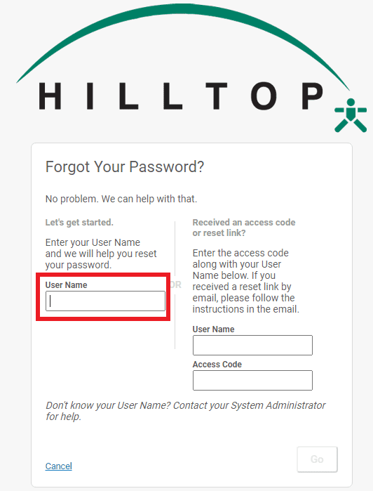 UltiPro Password Reset Screen